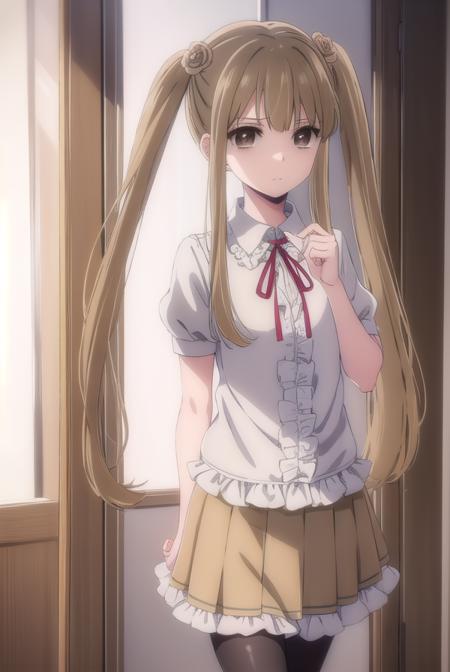 norikokamomebata, <lora:noriko kamomebata s1-lora-nochekaiser:1>,
noriko kamomebata, long hair, blonde hair, brown hair, hair ornament, twintails, (brown eyes:1.5), flower, hair flower,
BREAK skirt, shirt, ribbon, short sleeves, frills, shoes, socks, puffy sleeves, black skirt, neck ribbon, white socks, mary janes, frilled socks,
BREAK indoors, classroom,
BREAK looking at viewer, (cowboy shot:1.5),
BREAK <lyco:GoodHands-beta2:1>, (masterpiece:1.2), best quality, high resolution, unity 8k wallpaper, (illustration:0.8), (beautiful detailed eyes:1.6), extremely detailed face, perfect lighting, extremely detailed CG, (perfect hands, perfect anatomy),