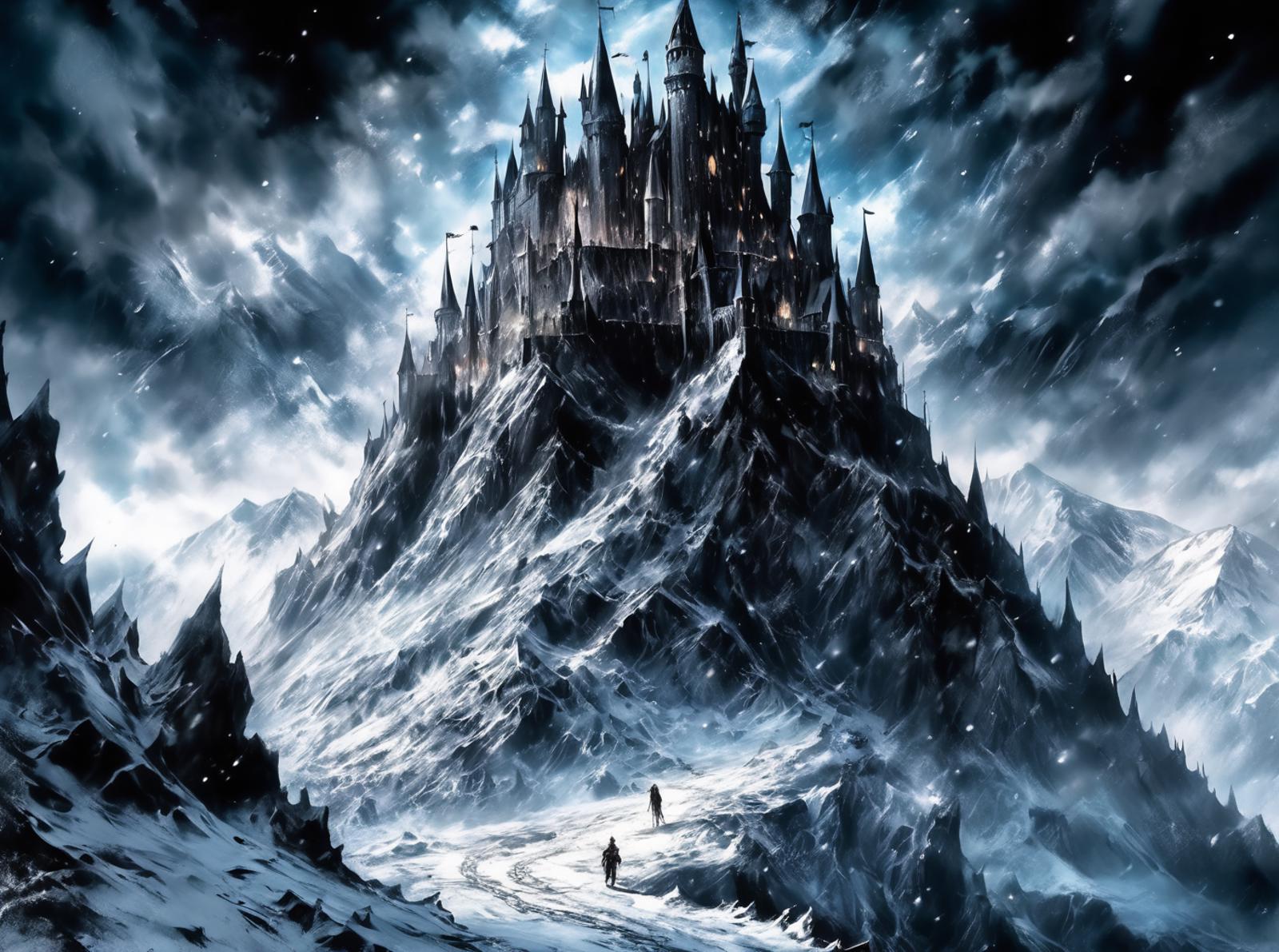 A Castle in the Snowy Mountains at Night
