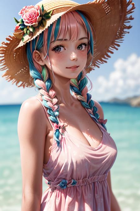 <lora:caomao:0.8>1girl, hat, solo, braid, twin braids, flower, straw hat, looking at viewer, freckles, multicolored hair, pink hair, pink flower, upper body, breasts, hat flower, bare shoulders, long hair