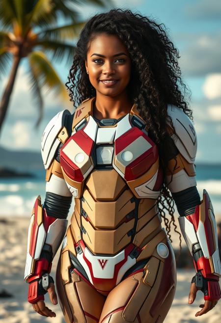A hyper-realistic, ultra-detailed and dramatic effect photography of a beautiful female. Full body shot of her body walking toward camera. 
she has long curly and puffy hair. A beautiful tanned skin. Hawaian etnic woman. 
She's confident but a sweet and peacefull faces. Her body is lightly overweight and chubby. She has large round eyes.
Wearing an ironman suit, with white tan and red parts robotic armor. Some touche of red and black tribal signs on the armor.
The camera show her entire body on a beautiful tropical beach in background.
