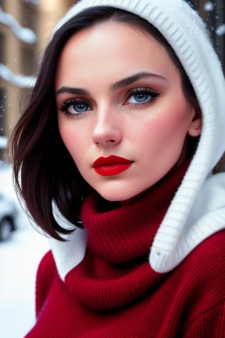 photo of a woman, dafnek:0.99, ((pale skin)), ((short hair):1.2), ((turtleneck sweater, scarf):1.2),((closeup, portrait):1.2),((city, snow):1.3),,((red lipstick, eyeliner, eye shadow, blush):1.2), ((best quality, masterpiece, extreme details, high resolution):1.2),((detailed eyes, beautiful eyes, detailed face, beautiful face):1.2), photo of the most beautiful artwork in the world, professional majestic (photography by Steve McCurry), 8k uhd, dslr, soft lighting, high quality, film grain, Fujifilm XT3 sharp focus, f 5.6, High Detail, Sharp focus, dramatic