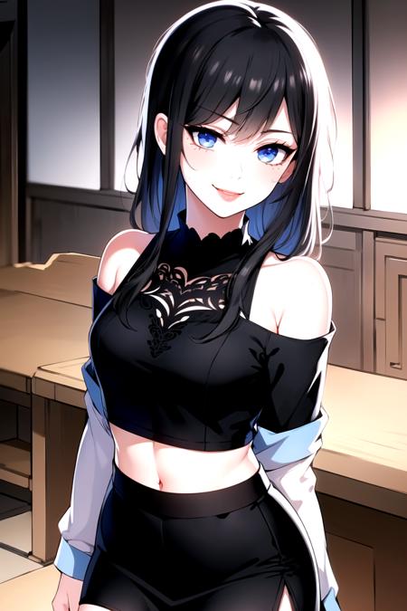 ((masterpiece)), ((ultra-detailed)), ((best quality)), ((intricate details)), ((chromatic aberration)), 1girl, long hair, shy, ((very small breasts)), makeup, black eyeliner,  (seductive smile), looking at viewer,blue eyes, <lora:AGM-a1:0.2>,  <lora:Artist_Kidmo:0.2> ,<lora:JW:0.2>, <lora:MDA_v2:0.2>, <lora:JellyTitsV2:0.2>, <lora:GrullBorgR8V4:0.2>, <lora:oouso:0.2>, <lora:titlefont:0.3>,   <lora:GPTS 18 Dynorm t2_17600:0.3>, ((  )), <lora:ye_wanwan:0.7>, <lora:juder_style:0.3>, ((crop top, off shoulder, bare shoulders, black miniskirt, ))