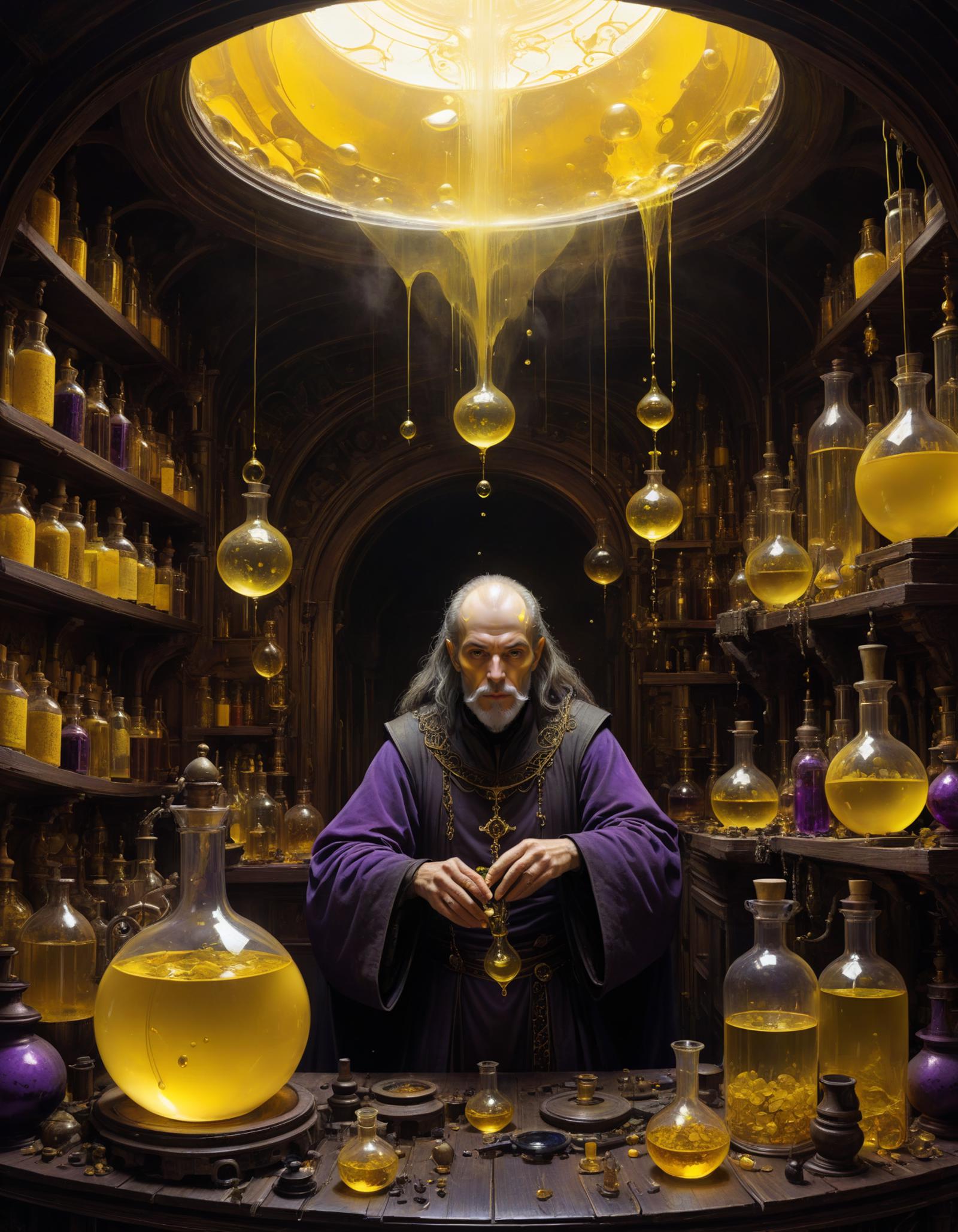 Purple-robed man in a laboratory surrounded by glass bottles and vials.