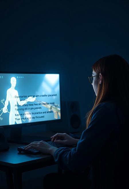 “Create a 16:9 cinematic scene where a player sits at a desk, immersed in a virtual game. The player is focused, with only the screen illuminating the dimly lit room. The operator (AI character) appears as a semi-transparent, holographic presence on the screen, with long, flowing brown hair that moves slightly as if affected by a gentle breeze. The operator’s appearance is human-like yet digital, exuding a calming and knowledgeable aura.
The operator engages in a conversation with the player, offering educational tips. The player asks how to improve their aim and reaction time. The operator provides guidance on proper crosshair placement, emphasizing aiming at head level, and suggests training drills to improve reflexes. The AI advises the player to maintain consistency in practice and take breaks to stay focused.
The scene highlights the interaction between the player and the operator, alternating between close-ups of the player’s focused expression and the glowing, moving presence of the AI. The operator’s words are visually enhanced with floating text or icons, reinforcing the tips. End the scene with the player nodding, smiling, and preparing to implement the advice, feeling confident and ready to improve.”
