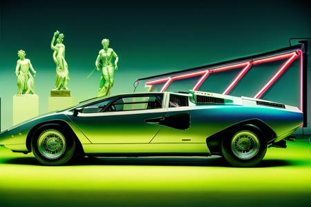 analog gloomy photo of an iridescent silver Lamborghini Countach car,  <lora:c0unt4ch:0.9>, ((at night)), in a photography studio, ((greek sculptures in the background:1.3)), (neon lights:1.5), (vaporwave), retrowave, (outrun), (cyberpunk), (laser beams), futuristic, magical, surreal, dreamy, High Detail, Sharp focus, (photorealism), realistic, best quality, 8k, award winning, dramatic lighting, epic, cinematic, masterpiece, rim light, ambient fog:1.5, dutch angle, wide angle lens, ,