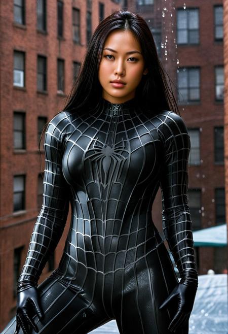 score_9, score_8_up, score_7_up, best quality, realistic, masterpiece, beautiful detail, hyperrealistic, afternoon sky, ((1girl, woman body, big breasts)), amazing detailed full body portrait of a beautiful japanese girl, wearing a realistic and highly detailed black raimi spider-man suit, ((huge muscular girl)), professional model wears ultra - detailed black raimi spider - man suit, ultra - detailed and grained black raimi spiderman suit, suit covered entire body and hand, black spiderman gloves, wet, (spread leg, sitting), (full body), (dirty skin), close up, octane render, highly detailed, volumetric, dramatic lighting, (highest quality:1.1), (HDR:1.3), (top quality, best quality), realistic, high definition,