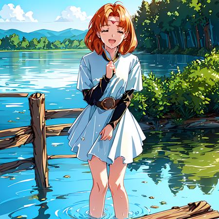 <lora:natasha:0.8>,natasha,1girl,masterpiece,best quality,super fine illustration,blue sky,lake,splashing,water table,;d,sneeze,knees_together_feet_apart,standing in the water,wet wet,from_above,