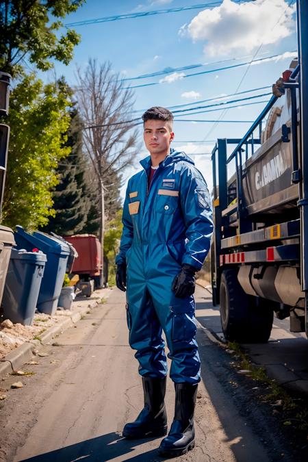 alley of a suburban neighborhood, garbage cans on sidewalk, (standing behind a garbage truck), MalikDelgaty is a garbage collector, wearing blue coveralls, cotton coveralls, black work boots, gloves, (((full body portrait))), wide angle, <lora:MalikDelgaty-000009:0.75>