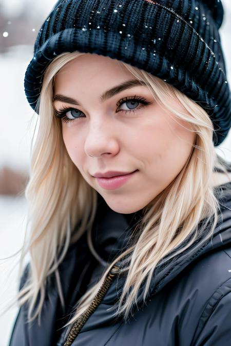 photo of (Maj1j3j01-1200:0.99), a woman, RAW, closeup portrait photo, (winter jacket:1.2),(knitted hat), (high detailed skin:1.2), 8k uhd, dslr, soft lighting, high quality, film grain, Fujifilm XT3 sharp focus, f 5.6