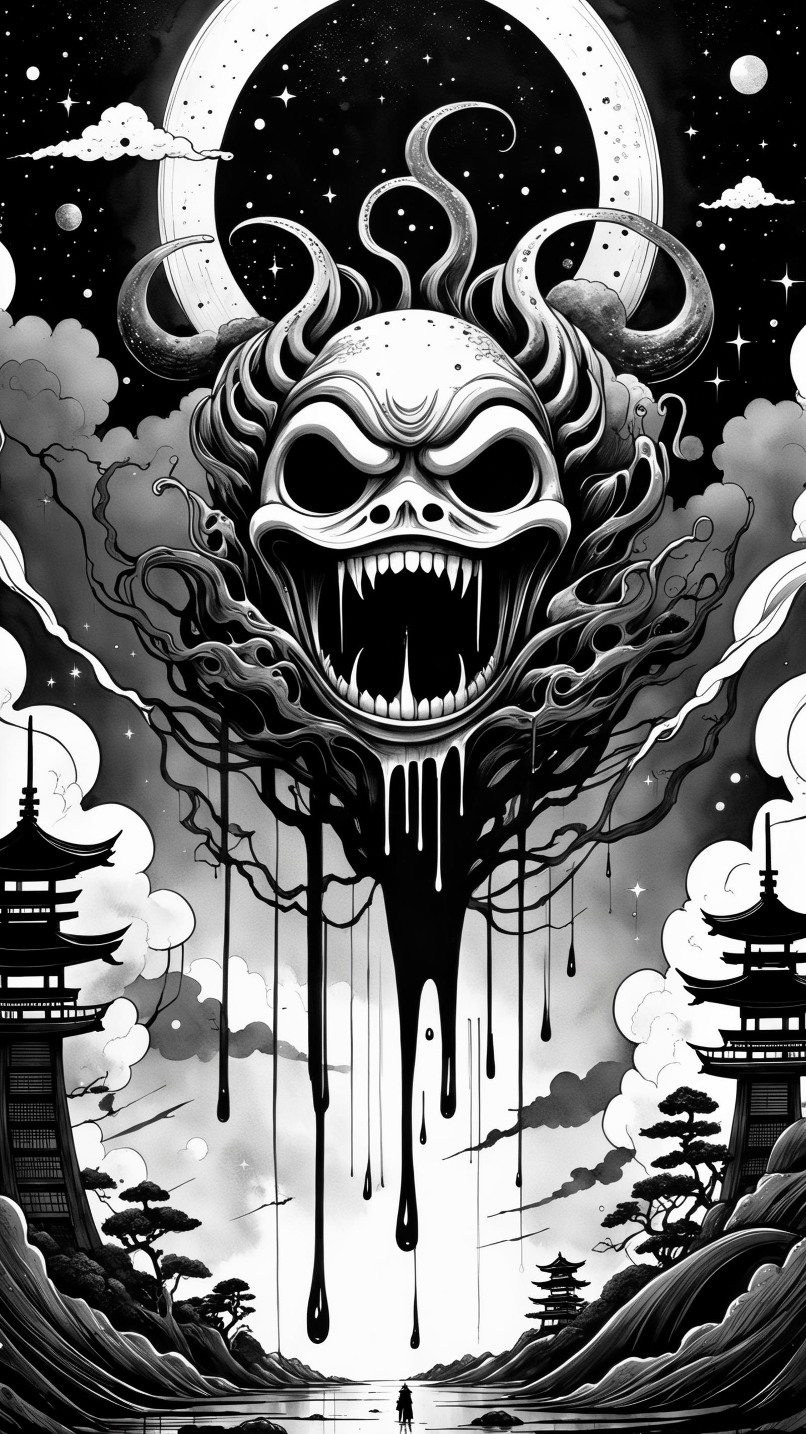 A drawing of a demonic screaming face with dripping black goo, surrounded by clouds and buildings.