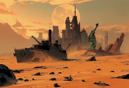 We are in the future, on Earth. Due to climate change, the water has evaporated, and the planet now resembles Mars. A ground-level view of the desert that was once the Atlantic Ocean reveals an endless expanse of sand and jagged rock formations.
A very old commercial ship lies stranded in the sand, almost entirely buried. Further away, the head and arm of the Statue of Liberty emerge from a sand dune. In the distance, the remnants of Manhattan’s skyscrapers stand in ruins, completely overtaken by the shifting sands.
The sun sets behind the crumbling skyscrapers, casting a stunning blend of orange and blue hues across the sky. A large moon looms overhead, adding to the scene’s eerie beauty.