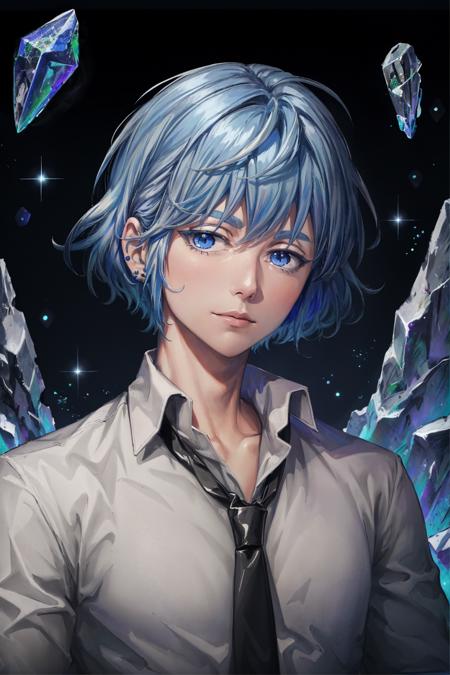 khun aguero agnis, 1boy, androgynous, light blue hair, streaked hair, white shirt, nektie, blue eyes, solo, looking at viewer, potrait, close-up, crystal, rocks, underground, glow, light beam, (masterpiece:1.2, best quality)