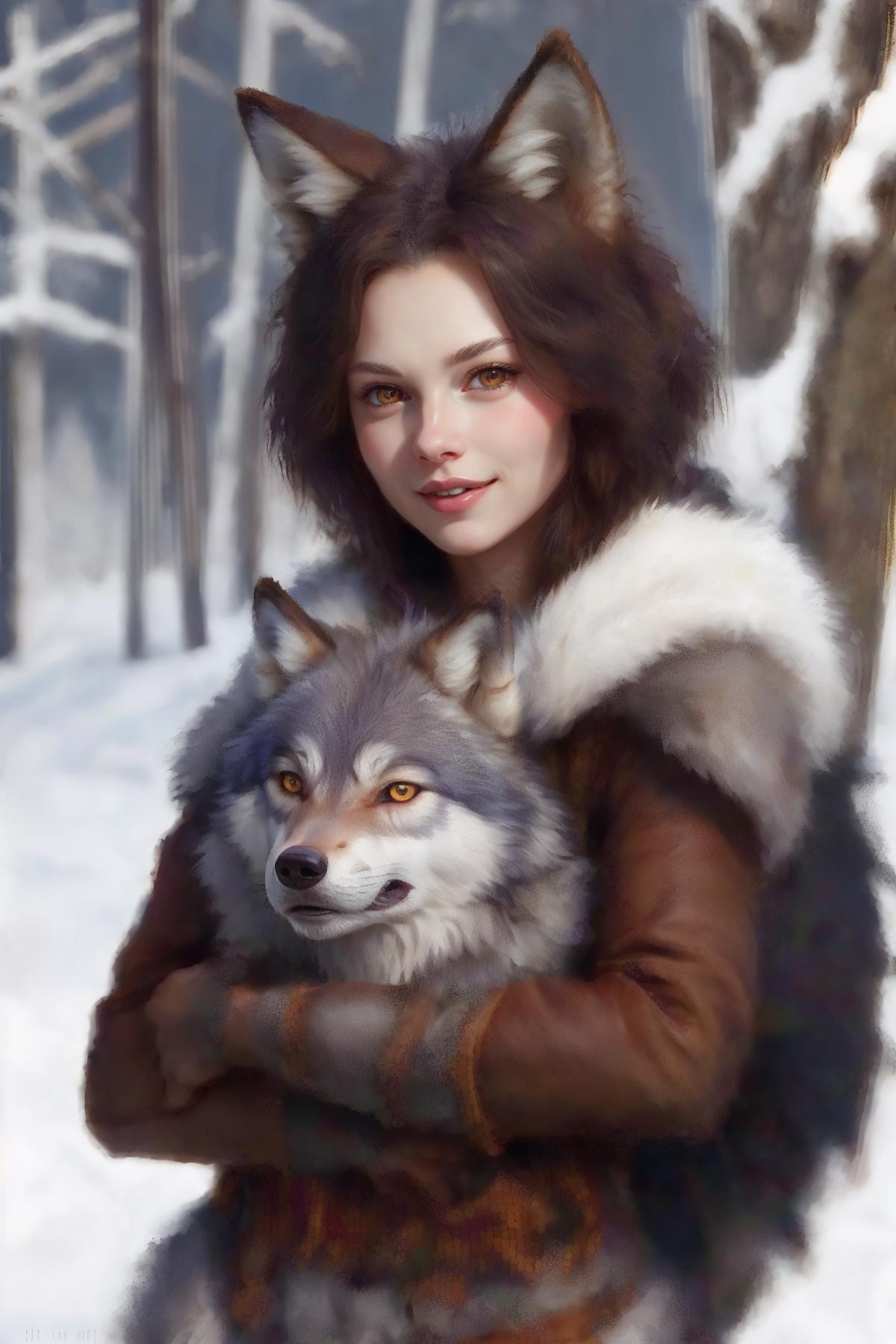 A painting of a woman and a wolf in the snow.