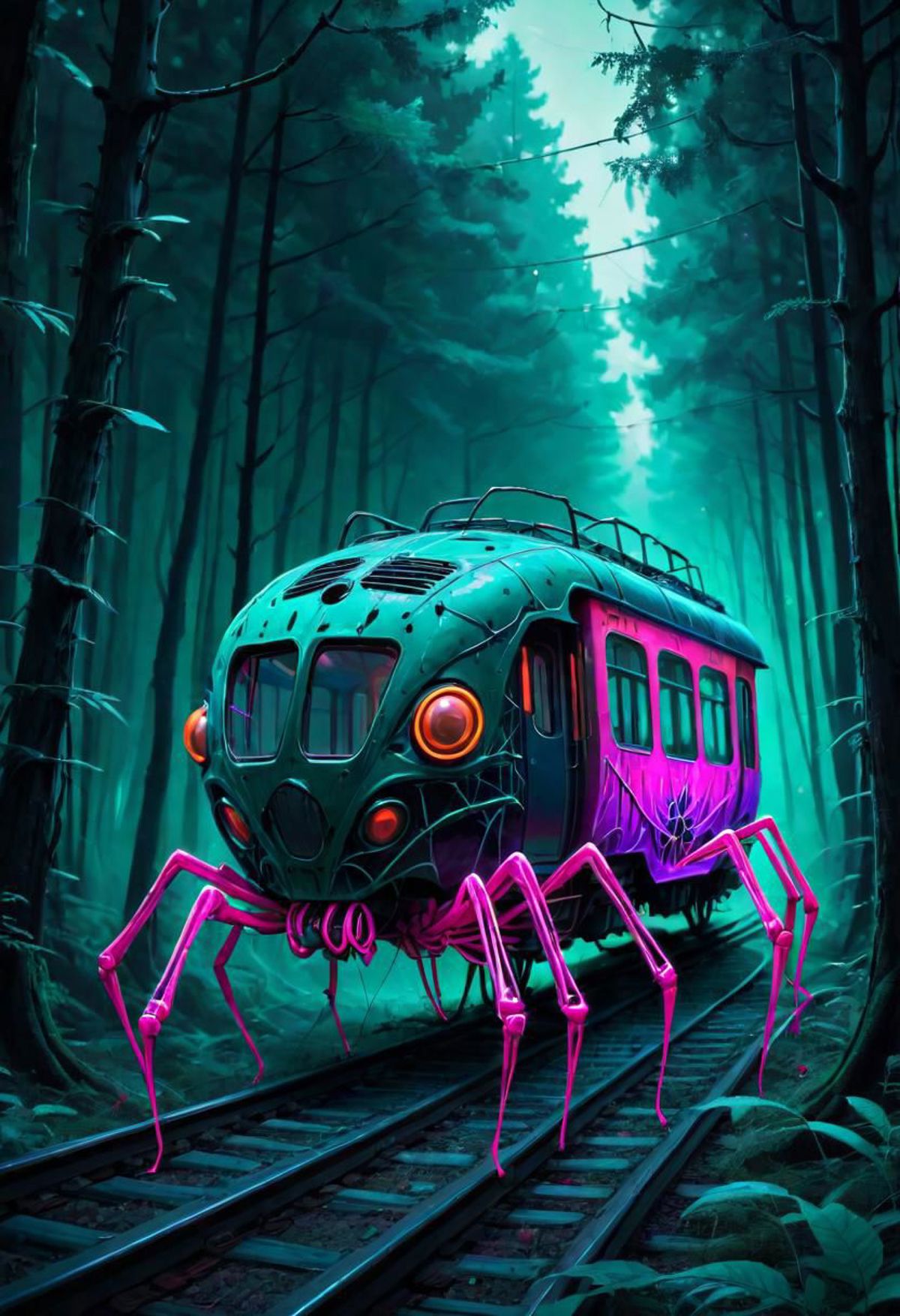 A purple and green train with spider legs and red eyes traveling through a forest at night.