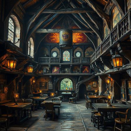 large medieval tavern, 8k, real photo, dungeons and dragons