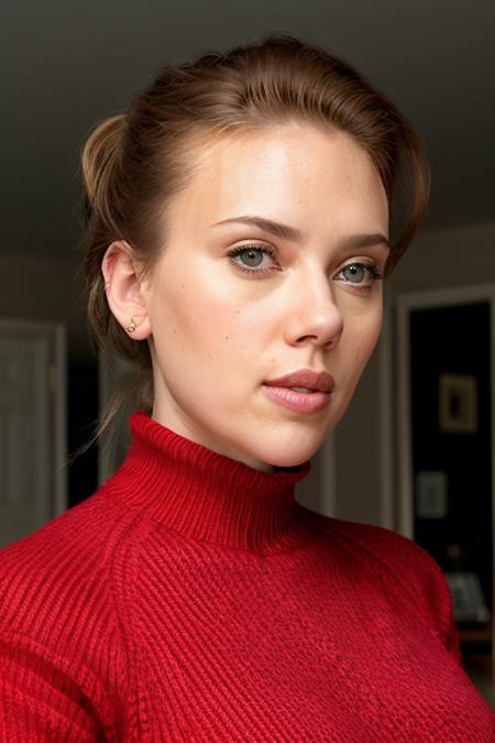 sc4rl3tt, face closeup, red sweater  <lora:sc4rl3tt:1>