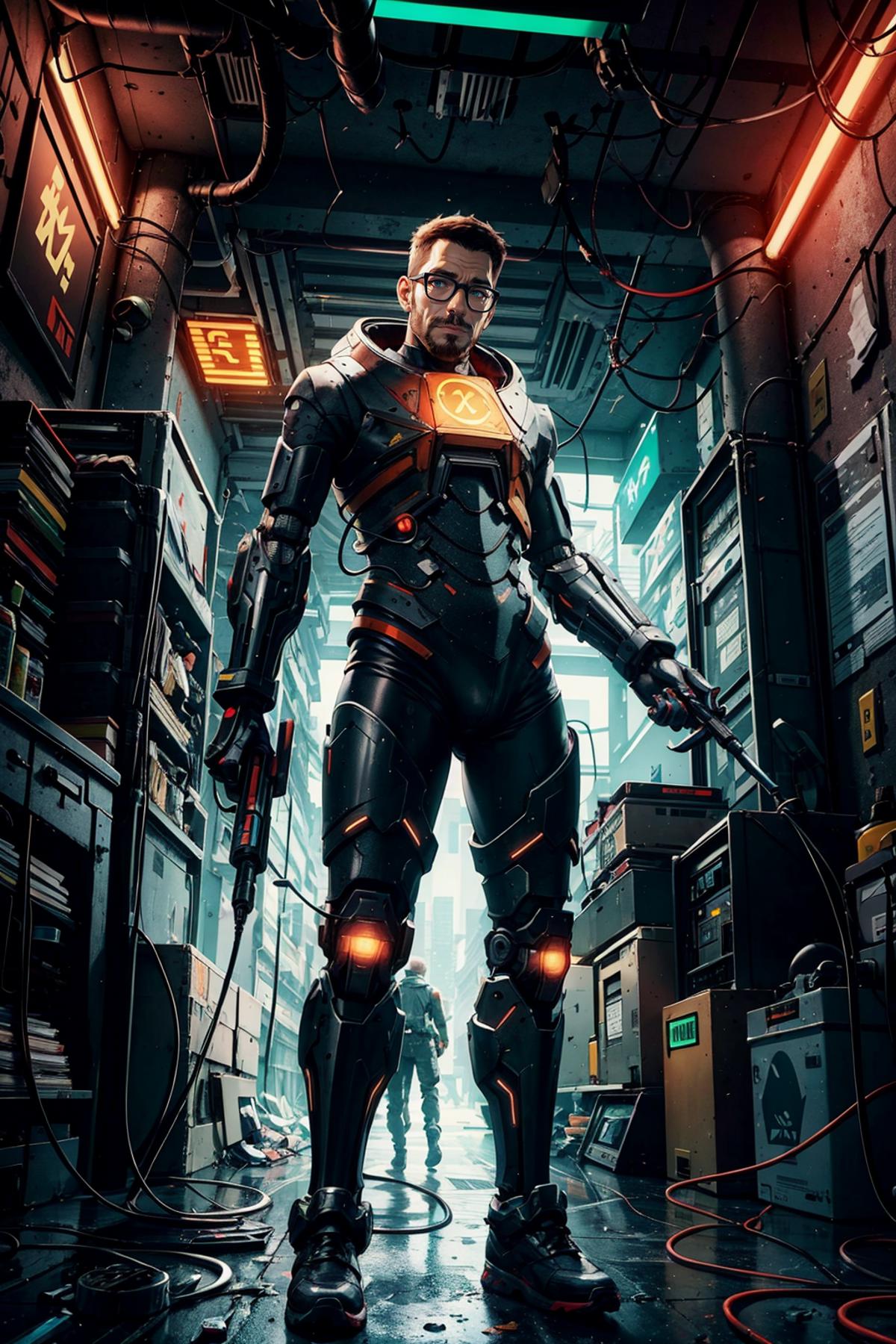 A man in a futuristic suit with a gun in his hand, surrounded by a maze of gadgets and equipment.