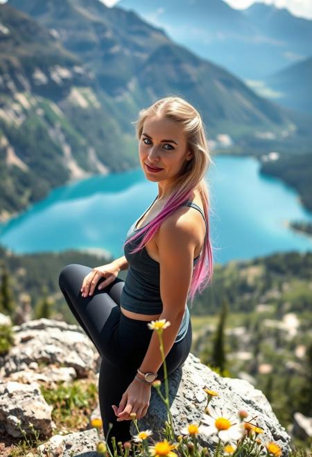 A 26-year-old athletic woman with blue eyes and long blonde hair with pink streaks, taking a break on a rocky outcrop during a mountain hike, looking out at a stunning alpine lake. The scene is peaceful and serene, with wildflowers in the foreground