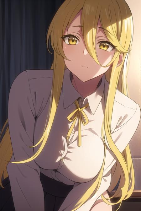 shizukamarikawa, <lyco:shizukamarikawa-LYCORIStest:1>,
shizuka marikawa, long hair, blonde hair, very long hair, low-tied long hair, (yellow eyes:1.5), hair between eyes,
BREAK skirt, shirt, long sleeves, ribbon, white shirt,
BREAK looking at viewer,
BREAK indoors, classroom,
BREAK <lora:GoodHands-vanilla:1>, (masterpiece:1.2), best quality, high resolution, unity 8k wallpaper, (illustration:0.8), (beautiful detailed eyes:1.6), extremely detailed face, perfect lighting, extremely detailed CG, (perfect hands, perfect anatomy),