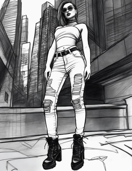 a black and white pencil sketch of GloriaSolSDXL, striking a bold pose, Cyberpunk fashion, ripped jeans, futuristic attire with neon accents, bustling cyberpunk cityscape, art paper, shading, smudging, high art, life drawing  <lora:GloriaSolSDXL:1>