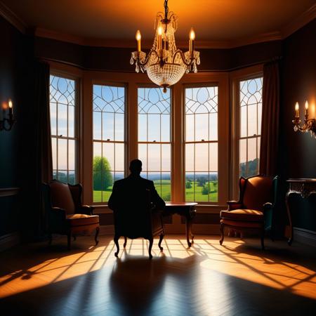 Ultra realistic color pencil  image of
a window looking in on a living room, where the silhouette of a man sitting on a chair, under a chandelier can be seen. The window is broken up into smaller windows by muntins.
BREAK
Dark theme, dynamic lighting, (soft shadows), (soft focus), (photo realistic), uhd, 8k