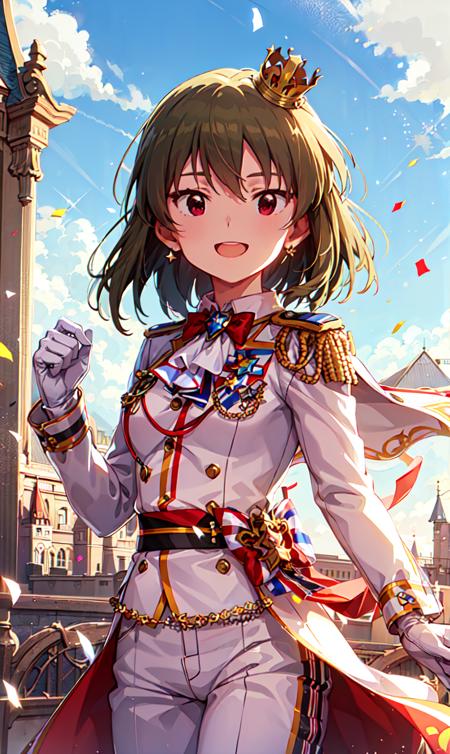 subaru nagayoshi (million live), (best quality, 8K, masterpiece, ultra detailed:1.2), cinematic angle, shadow, volume lighting, sparkle, blurry background, backlighting, dappled sunlight, beautiful sky, clouds, sunbeam, gradient sky, wind, floating hair, palace, castle in distance,
1girl, solo, cool, smile,
formal, white jacket, white pants, confetti, white gloves, crown, ribbon, banner, uniform, string of flags, epaulettes, ascot, sash, jewelry, prince uniform, bowtie, emblem, earrings, striped, cowboy shot,