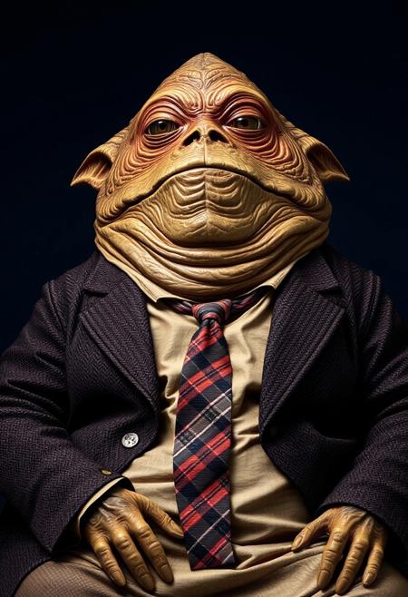 ​A studio shot hyper-realistic portrait of a Jabba the HUTT alien. He is sat in a dark tweed country jacket, cream shirt and tartan tie against a dark blue backdrop. He looks directly toward the camera. Professional studio portrait photography with classic portrait lighting and shallow depth of field against a seamless backdrop.