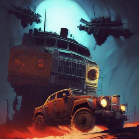 Evang style highly detailed epic cinematic concept art CG render digital painting artwork: dieselpunk car inspired by a locomotive. By Greg Rutkowski, Ilya Kuvshinov, Stanley Artgerm Lau, Ruan Jia, trending on ArtStation, subtle muted cinematic colors, octane render, excellent composition, cinematic atmosphere, dynamic dramatic cinematic lighting, very inspirational