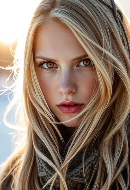 stunning blonde girl, nordic princess, amazing amber eyes, the sunlight behind her is illuminating her golden blonde hair, her expression is intense yet the emotion is undefinable, the cold wind gently blows the delicate strands of blonde hair