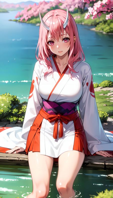red and white kimono long hair pink hair pink eyes horns