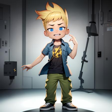 ((masterpiece, best quality)),(complex lighting), solo, full body, 1boy, johnny test, <lora:JohnnyTest1-10:0.8>,blue eyes, open jacket, short sleeves ,standing, naughty face, radiation symbol,