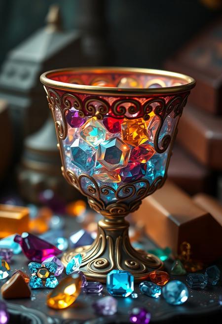 A hyper-stylistic, extremely detailed image depicts an enchanting goblet filled with shiny gems, reminiscent of a Pixar film. The goblet itself is a masterpiece of craftsmanship, with delicate, swirling patterns and a rim that shines like molten gold. The gems inside sparkle and glimmer, each one perfectly placed to create a dazzling display of color and light. Every detail of the scene is meticulously crafted, from the subtle, nuanced colors of the gems to the intricate, textured patterns on the goblet's surface. The overall effect is one of breathtaking, whimsical wonder, as if the viewer has stumbled upon a hidden treasure trove of magic and enchantment. The image is rendered in exquisite detail, with a level of quality that rivals the most beautiful and intricate works of art. highest-Quality, intricate details, visually stunning, Masterpiece