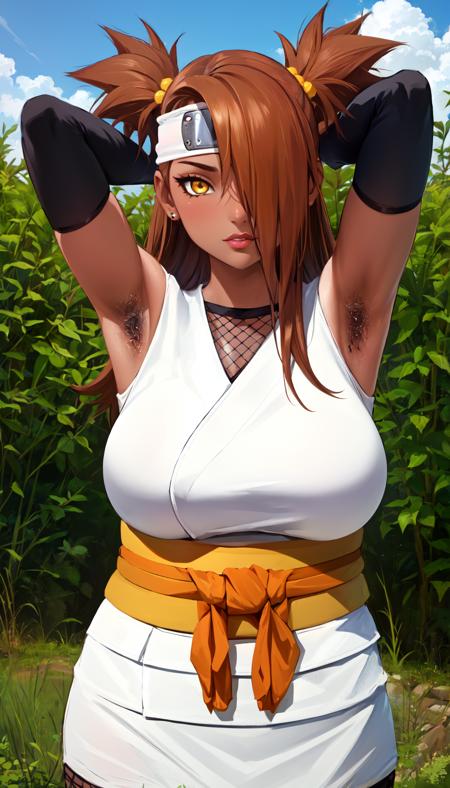 masterpiece, best quality, outdoors, field, forest, grass,
chouchou, 1girl, solo, looking at viewer, upper body, dark skin, yellow eyes, brown hair, orange hair, dark-skinned female, long hair, hair over one eye,
headband, jewelry, forehead protector, japanese clothes, fishnets, sash, thighhighs, breasts, lips, ninja, plump, fat, huge breasts, armpit hair, presenting armpits,
<lora:LoRA_Chouchou:1>, <lora:Concept_Hairy:1>