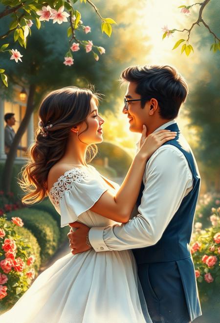 Timeless Romance: A hyperrealistic watercolor painting of a couple sharing a tender moment in a beautifully lit garden. The romantic ambiance of Rob Hefferan's work meets the delicate brushstrokes of Ester Curini, creating a composition that is both emotionally compelling and visually stunning. The soft, natural lighting and intricate detailing bring the scene to life, capturing the essence of love and connection.