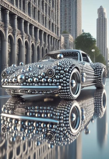 (made of Chrome Ball bearings:1.3), classic sports car, from side, run through on city Chrome Ball bearings road, cinematic, cinematic lighting, (masterpiece, best quality:1.4), ultra-high res, 4k, Photorealistic, insanely detailed, sfw,