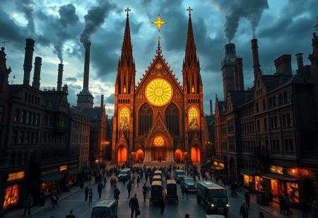 A bustling European city inspired by Victorian-era industrial architecture. Intricate ironwork, soot-covered stone facades, and towering chimneys spew smoke over the busy cobblestone streets filled with mechanized carriages and bustling crowds. At the city's heart stands a grand fantasy cathedral without a cross dedicated to the God of the Eternal Blazing Sun. Its radiant golden spires rise toward the sky, while stained glass windows depict celestial scenes, casting divine light across the square.
The cathedral’s gothic arches and sun symbols glow with an ethereal energy. The central sun disk hovers, radiating warm light, a stark contrast to the surrounding dark, soot-covered buildings. The city’s gas lamps flicker against the rough stone, while the cathedral glows with divine radiance. The mix of industrial grit and divine beauty creates a striking atmosphere as the city comes alive beneath the dramatic evening sky.
As dusk falls, the celestial aura intensifies, casting long shadows, while distant bells chime, summoning worshippers toward the golden-lit pathways of the cathedral. Ultra-realistic, 32k, Masterpiece, High Quality, with High Detailed Skin and Realistic Lighting, capturing the beautiful, intricate background in stunning detail. Official art, emphasizing epic, detailed realism.
(Ultra-realistic, 32k, Masterpiece, High Quality, Detailed Realistic Background, Official Art, Realistic Lighting, non-cross church, symmetric church).