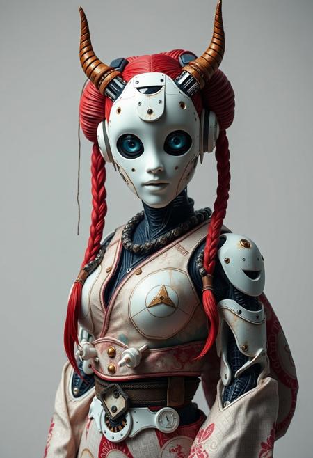 best quality, highly detailed, intricate details, extremely detailed, smooth lines, an android robot designed as a geisha, curvy body, seducive pose. Beautiful face, The android face plate is made of white ceramic material, with many mechanical parts. The android has camera lens eyes, and clear signs of rusting and wear. She is also wearing traditional intricate Japanese clothes, wide hips and thick thights , two long redhead braids, two long ceramic horns on head, futuristic, technological, alien worlds, space themes, advanced civilizations