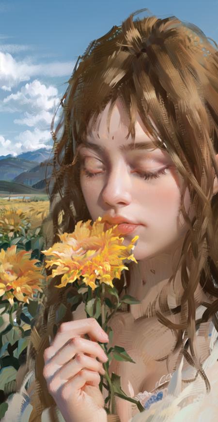 1girl, flower, solo, brown hair, closed eyes, long hair, cloud, holding, sky, outdoors, field, holding flower, day, yellow flower, parted lips, sunflower, upper body, lips, flower field, realistic, oil painting<lora:water_lily:0.9:OUTALL>