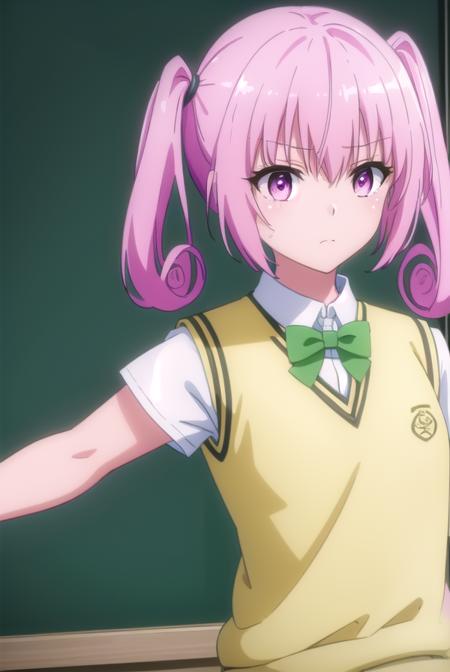 nanadeviluke, <lyco:nana deviluke darkness-lyco-nochekaiser:1>,
nana asta deviluke, fang, long hair, (pink eyes:1.5), pink hair, tail, twintails, (flat chest:1.2),
BREAK green skirt, plaid, plaid skirt, sainan high school uniform, school uniform, skirt, shirt, white shirt, sweater vest, (yellow sweater vest:1.5), short sleeves,
BREAK indoors, classroom,
BREAK looking at viewer, (cowboy shot:1.5),
BREAK <lyco:GoodHands-beta2:1>, (masterpiece:1.2), best quality, high resolution, unity 8k wallpaper, (illustration:0.8), (beautiful detailed eyes:1.6), extremely detailed face, perfect lighting, extremely detailed CG, (perfect hands, perfect anatomy),