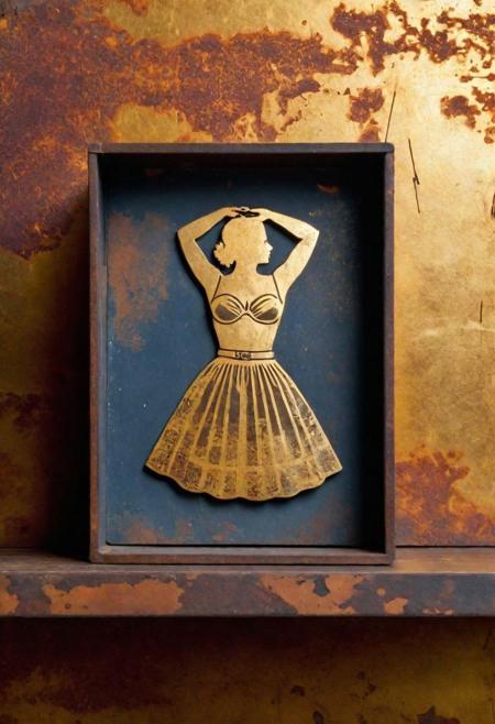 (an archaeological artifact with an illustration etched by hand on scratched and rusty metal, metal plate displayed on a shelf in a 18yh century cabinet of curiosities, photo-realistic:1.0) a detailed illustration of beautiful women lifting their skirts to flash vagina,  bokeh, sharp focus on subject, full body, golden background