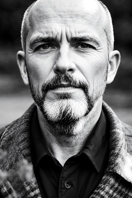 b&w photo of 42 y.o man in black clothes, bald, face, half body, body, high detailed skin, skin pores, coastline, overcast weather, wind, waves, 8k uhd, dslr, soft lighting, high quality, film grain, Fujifilm XT3