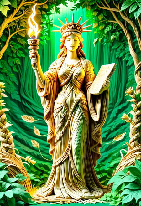 Statue of Liberty made of intricately woven straw, organic design, flowing robes crafted from fine straw threads, torch made of glowing golden straw, natural fibers with detailed floral, vine, and leaf motifs, crown made from braided straw with soft pastel accents, lush green surroundings, magical realism, soft warm lighting, ultra-detailed, 8k resolution, trending on ArtStation, nature-inspired fantasy illustration, dreamlike atmosphere,
