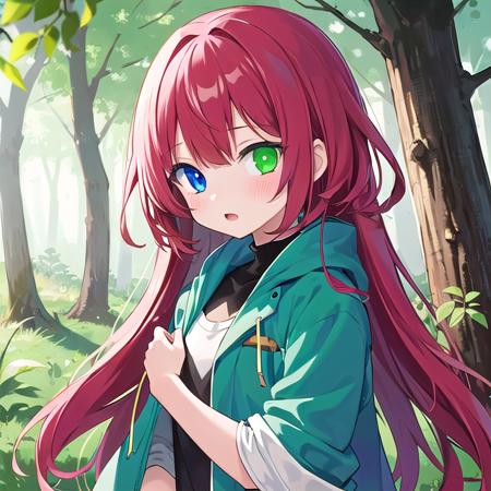 <lora:hetechro_BG_v100:1> heterochromia with green and blue, red hair, in forest, 1girl, standing, upper body, 