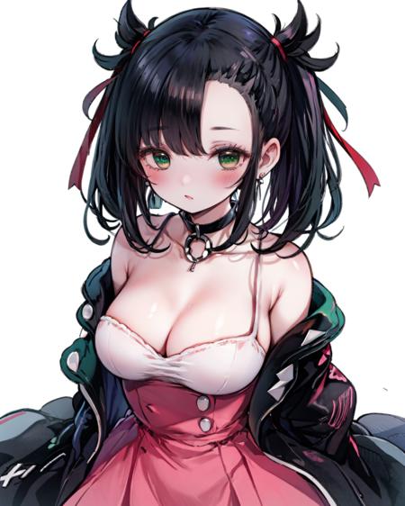 <lora:StyleSak_DropOut:1>,,
1girl, breasts, marnie \(pokemon\), solo, dress, pink dress, black hair, asymmetrical bangs, jacket, black jacket, cleavage, blush, black choker, bangs, looking at viewer, white background, choker, twintails, simple background, large breasts, long sleeves, ribbon, hair ribbon, alternate breast size, earrings, open clothes, jewelry, off shoulder, black nails, collarbone, open jacket, asymmetrical hair, aqua eyes, long hair, red ribbon, bare shoulders, closed mouth, green eyes, cowboy shot, medium hair