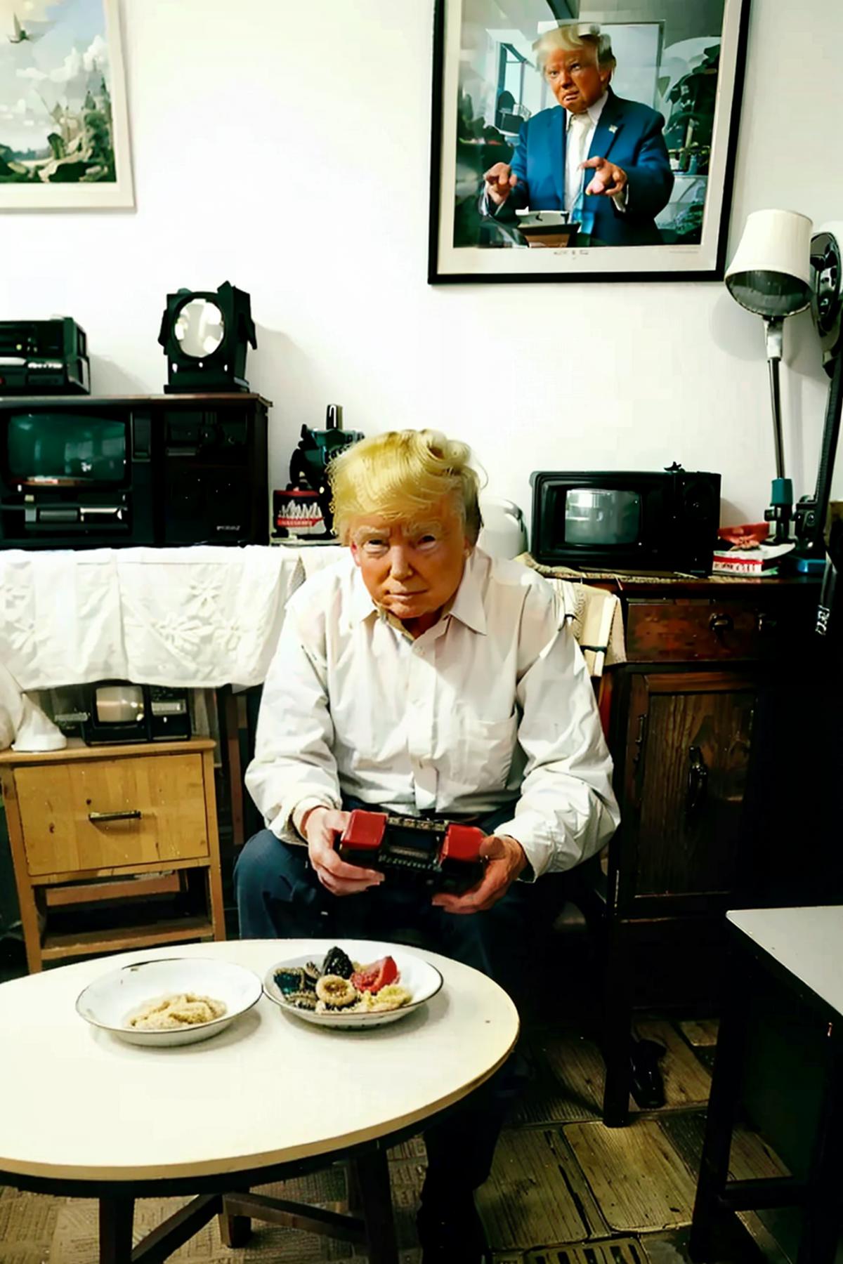 A man holding a box of Cracker Jacks while sitting in a room with various items.