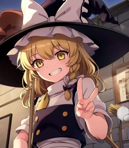 (masterpiece, best quality, high quality, highres, ultra-detailed), 1girl, solo, phantasm-kaleidoscope, <lora:memories_of_phantasm_style-000023:1.1>, kirisame marisa, yellow eyes, upper body, grin, holding broom, peace sign, v