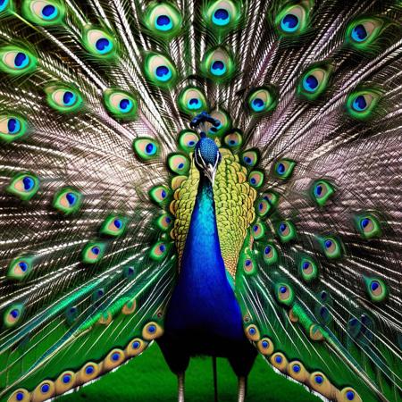 very realistic photograph of a blue peacock is a magnificent ornamental bird native to Asia. The very colorful male displays his magnificent train to seduce females with duller colors (which is common among birds). If several males are in competition, their preference will go to the one with the greatest number of eyespots in its adornment.