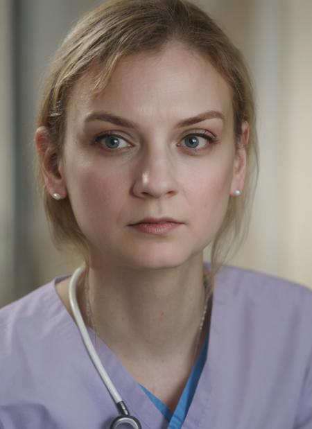 portrait photography, nurse, scrubs, worried expression, hospital background, soft colors, bokeh, (high detailed skin:1.1)
 <lora:emily_kinney_lora_v01:1> 3mk1n1