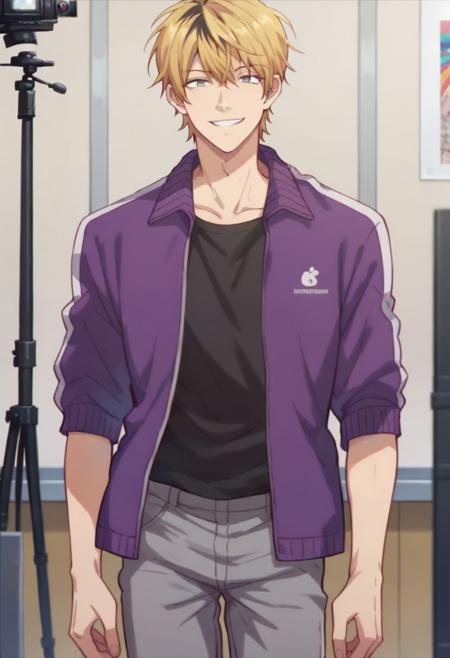 tobikichi usahara, 1boy, solo, blonde hair, black hair, two-toned hair, grey eyes, purple jacket, black shirt 1other, solo, no humans, pink bunny costume, animal costume, blue bow