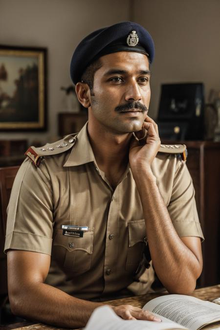 a stunning intricate full color photo of Indian man, as a police officer, wearing a khaki Indian police uniform, moustache, (Indian_Police_Unifrom:1) <lyco:Indian_Police_Uniform_V1:1.0> sitting at a desk, detailed skin, epic character composition, by ilya kuvshinov, alessio albi, nina masic, sharp focus, full focus, realistic light, subsurface scattering, f25, 35mm, film grain, analog style,  epiCRealism